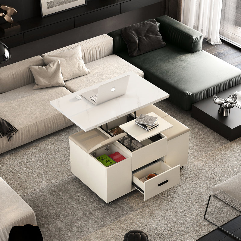 Table basse avec 4 tabourets, compartiment de rangement dissimulé, 2 tiroirs, table à manger pliante gain de place, jaune pour salon moderne - rangement caché, tiroirs