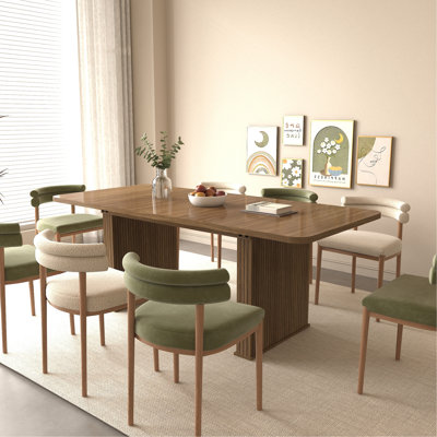 Table de salle à manger à rallonge en bois vieilli de 160 à 200 cm pour 6 personnes avec double piédestal robuste, design simple et élégant en beige moderne moderne, rayures verticales