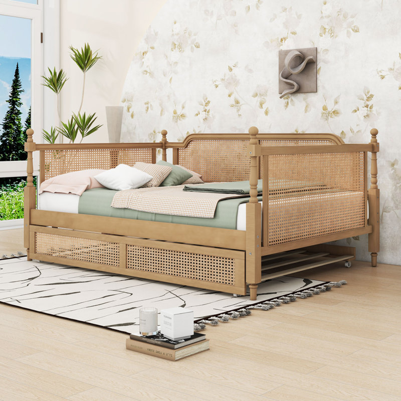 Wooden Daybed with Trundle and Durable Construction, Full, Antique Walnut