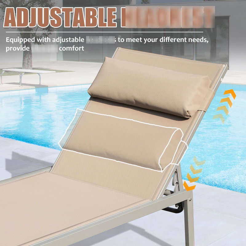 Patio Chaise Lounge Of 3: Aluminum Pool Chairs With Side Table For Outdoor Use. Adjustable Recliner In Khaki. Superior Comfort, 5 Positions, . Frame, Material. All Weather Poolside, Beach, Yard,