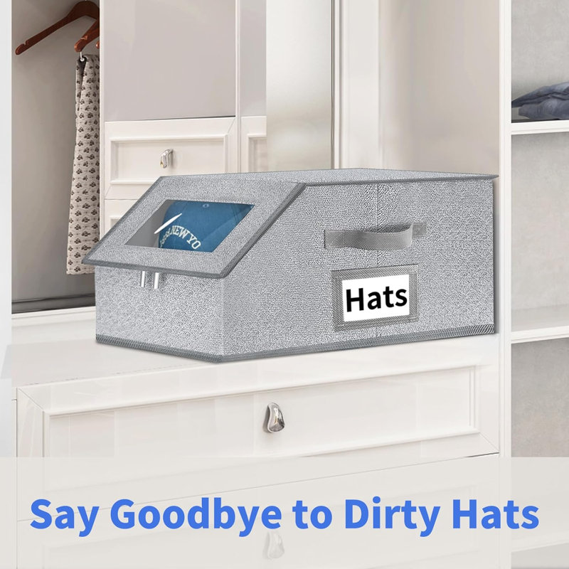 Organisateur de chapeaux pour casquettes de baseball - 2 pièces de rangement empilables avec couvercle de fenêtre transparent, couvercle rabattable, boîte à chapeaux peu encombrante pour garde-robe, tissu respirant (gris)