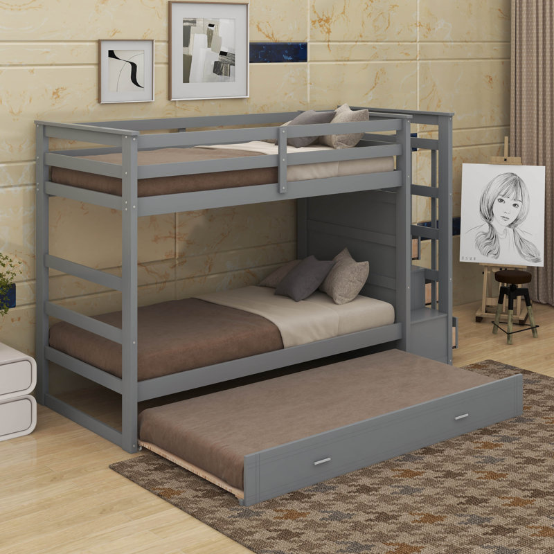 Twin Over Twin Bunk Bed With Trundle, Gray