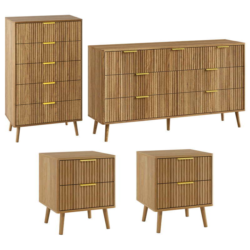 Ensemble de chambre à coucher, commode et tables de chevet 4 pièces, Noyer