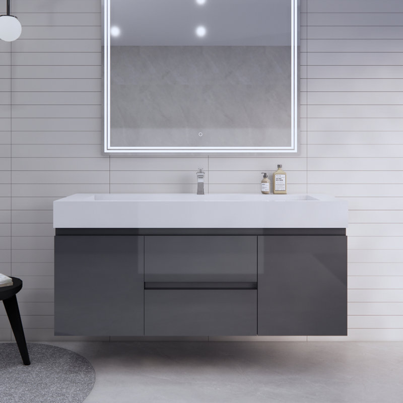 Ensemble de meuble-lavabo mural simple 59 po Babajide, Gris à haute brillance