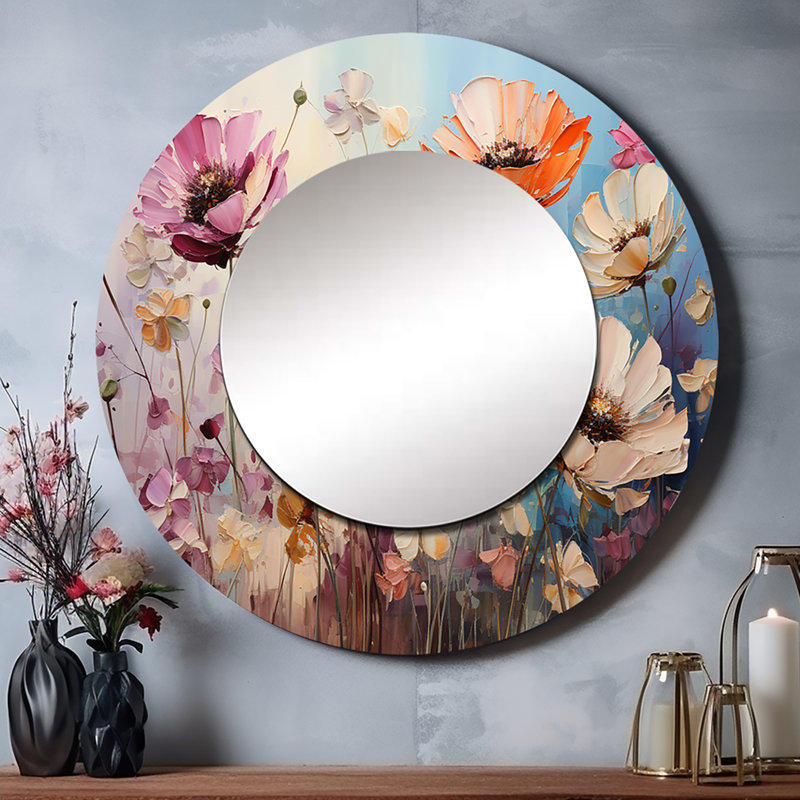 Sharalynn Meadow Impressionistic Blooms - Meadow Unique Wall Mirror Decor, Traditional Large Round Mirror, Printed Metal Art