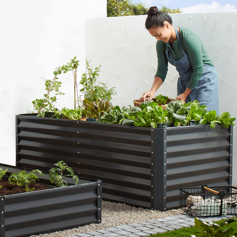 Rosonda Outdoor Metal Raised Planter Box, Black, 24" H x 96" W x 48" D