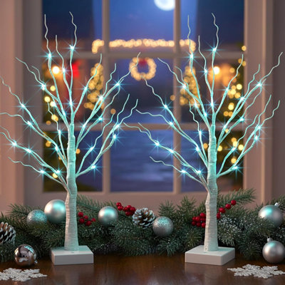 Blue-Green Trees Decor for Home, 2PK Tree Light Battery Powered Timer, Lighted Christmas Decorations Indoor, for Home Bedroom Living Room Fireplace Wedding Party New Year's Day and Christmas