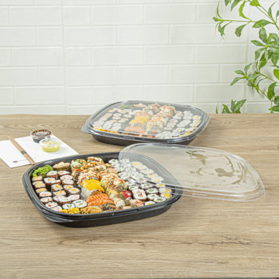 Restaurantware Plastic Sushi Trays 50 Pack of 13.5 x 13.5 x 1.77 Inch With Clear Lids Leak-Resistant Sushi Take Out Boxes Stackable Containers For Grab-And-Go