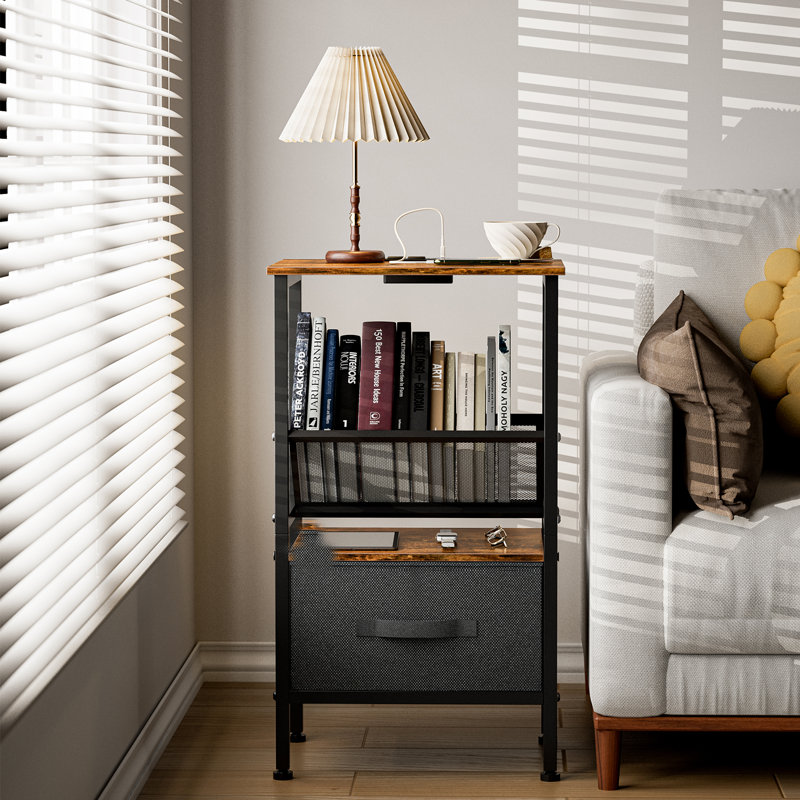 Table d'appoint avec étagère à livres pour disque vinyle, brun rustique