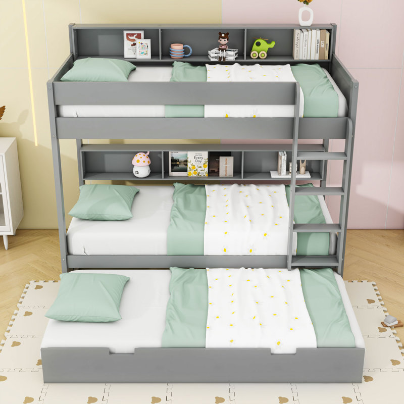 Lit superposé en bois avec lit gigogne escamotable et tablettes de rangement intégrées, Gris, Simple sur simple