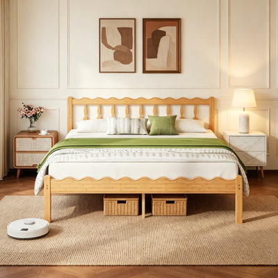 14 Inch King Size Bed Frame, Solid Wood Platform Bed With Curved Wave Headboard & Footboard, No Box Spring Needed For Bedroom, Easy Assembly