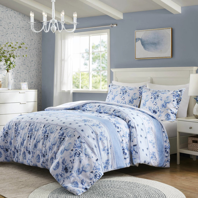 Housse de couette en microfibre rayée pleine fleur, abat-jour bleu à rayures, Édredon double + 2 taies décoratives