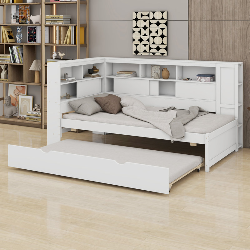 Lit de jour en bois avec tablettes de rangement, USB et lit gigogne