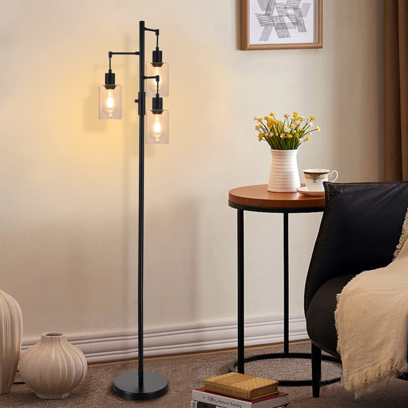 Samira Black Industrial Tree Floor Lamp With Dimmer Switch, 3 Adjustable Lights For Living Room, Bedroom