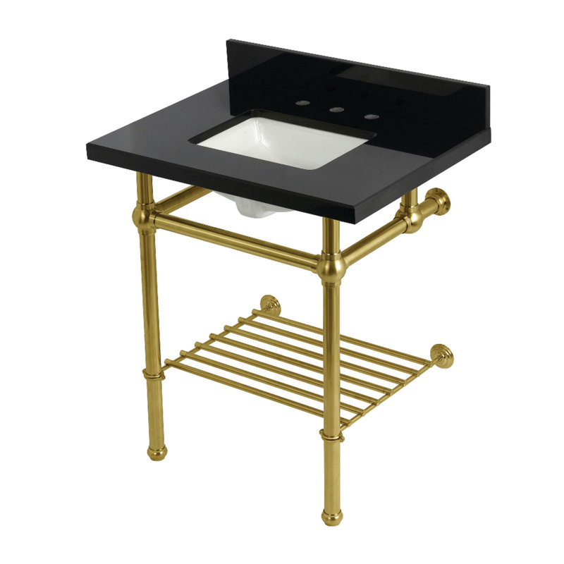 Lavabo console en laiton noir Templeton 30 pouces avec pieds et tablette en laiton Kingston (8 pouces, 3 trous)