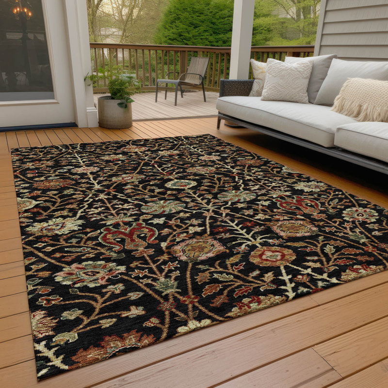 Black Floral Synthetic Rectangular Washable Area Rug