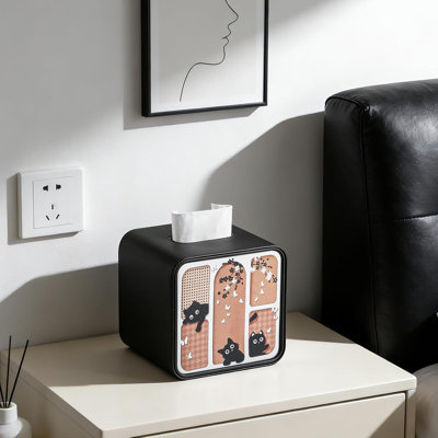 Couvercle de boîte à mouchoirs en cuir de polyuréthane carré, porte-mouchoirs à thème de chat décoratif pour bureau de salle de bain, porte-boîte à mouchoirs à bord arrondi avec fermeture magnétique (noir)