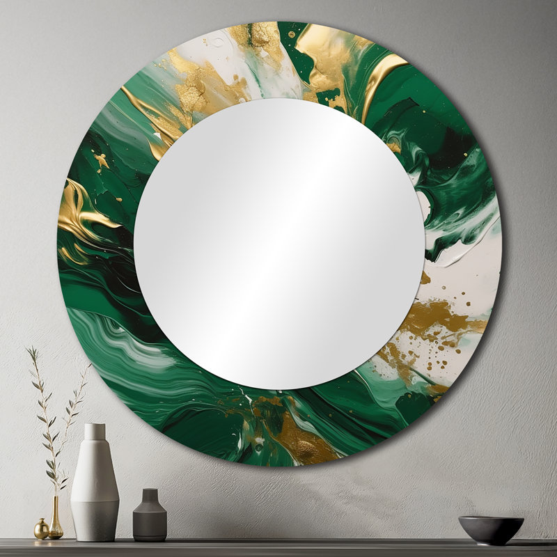 Vert et or Serene Cascade II - miroir abstrait, miroir mural rond vert unique, impression sur métal, 36 po x 36 po