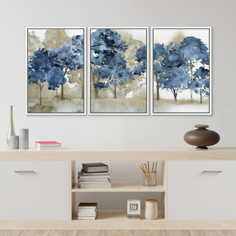 «Arbre bleu, paysage, nature sauvage, illustrations, décor boho moderne, salon chic, chambre à coucher», 3 pièces, Blanc