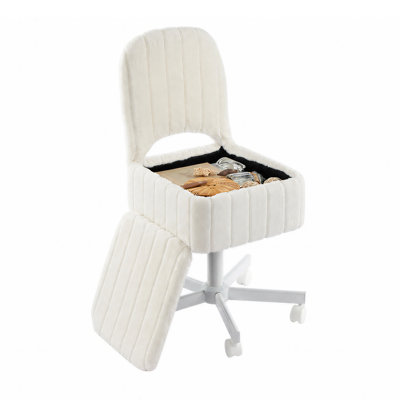 Adjustable Height Swivel Makeup Vanity Stool with Storage, Foldable Backrest & Silent Casters, Soft Faux Fur Ottoman Chair for Bedroom, Office & Living Room