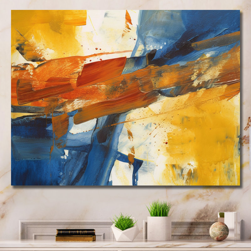 «Evening Glow», abstrait orange et bleu royal - peinture abstraite, art mural, H 16 po x l 32 po x P 1 po, Toile tendue