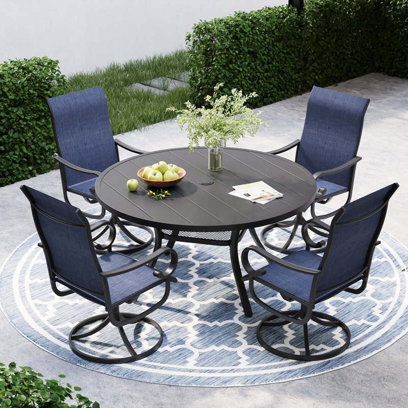 Ensemble repas pour 4 personnes avec table de salle à manger ronde et 4 chaises pivotantes en textilène, Noir et bleu marine