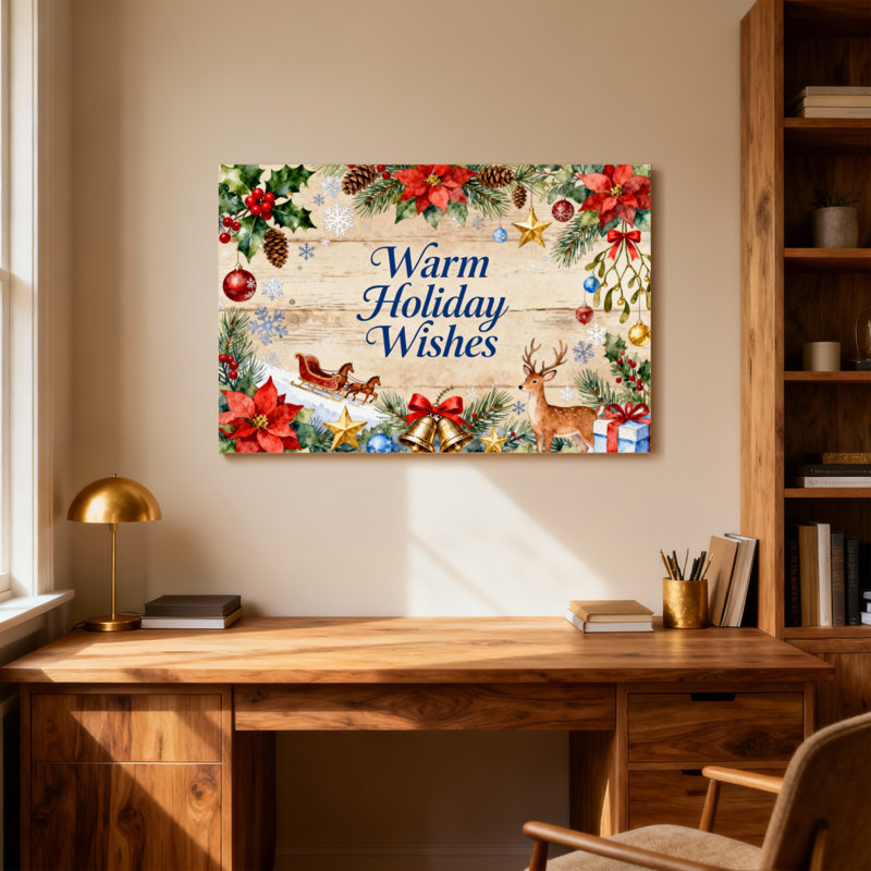 Scène d'hiver de Noël avec renne et traîneau, H 12 po x l 18 po