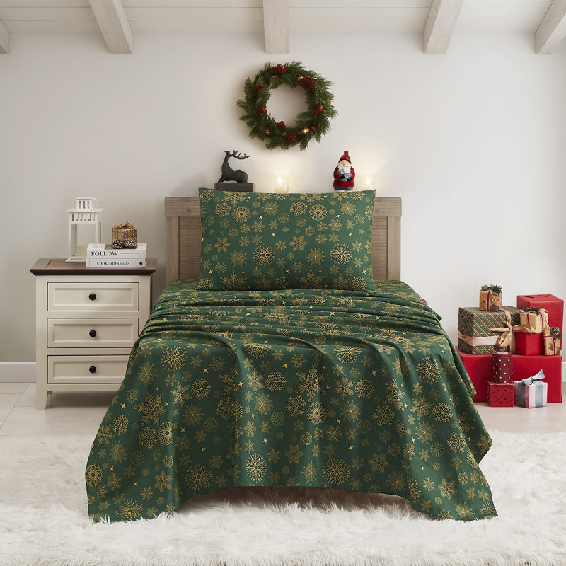 Printed Holiday 3Pc Sheet Sets, Easy Care, Soft & Wrinkle-Resistant Holiday Bedding - Poinsettia, Twin, Off-White Poinsettia