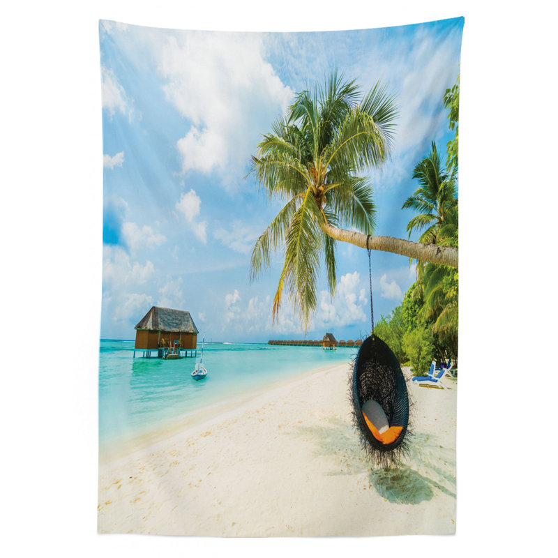 Ocean Tablecloth, Exotic Beach In The Maldives With Crystal Waters And Palm Trees On The Sand Tropical, Rectangular Table Cover For Dining Room Kitchen Decor, 52" X 70", Multicolor