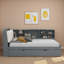 Lit plateforme avec lit gigogne, tablettes de rangement, tête de lit tapissier et plateau de rangement rotatif-595315316