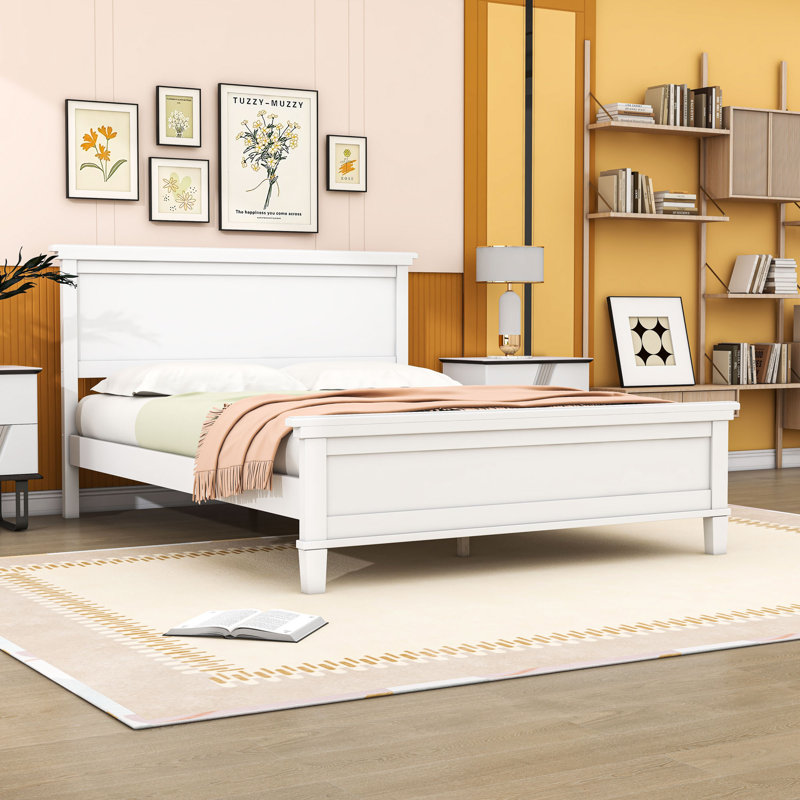 Base de lit plateforme Mid-Century en bois avec amplement de rangement sous le lit et support de lattes, Blanc, Grand lit
