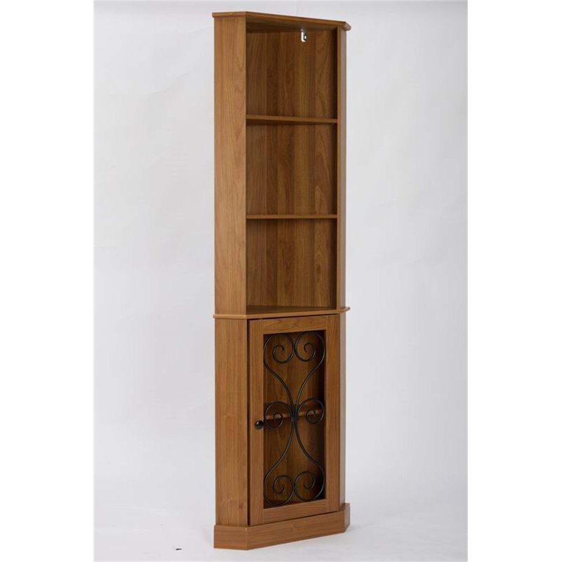 Grande armoire de bar d'angle avec rangement, armoire à liqueur d'angle en bois avec tablettes ouvertes et porte en filet métallique pour petits espaces