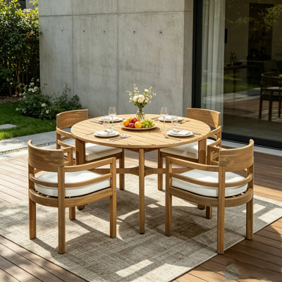 5-Piece Outdoor Acacia Wood Dining Set, Round Patio Dining Table with Umbrella Hole