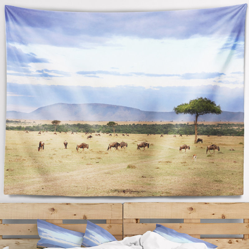 Tapisserie wildebeest du troupeau de l’afrique du masai mara, H 50 po x l 60 po