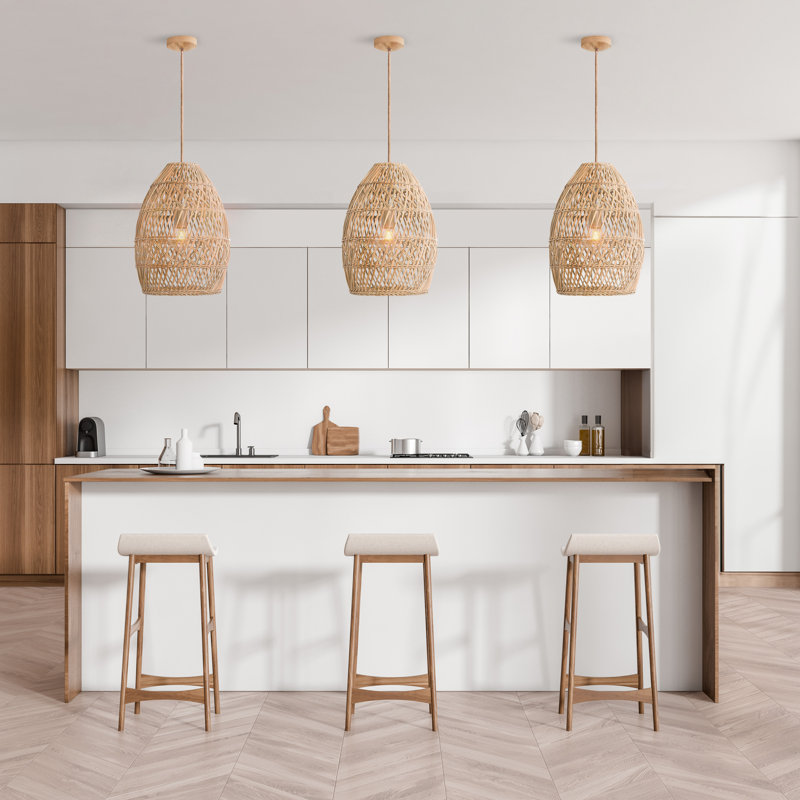 Callie Rattan Pendant Light - Natural Bell 1-Light Polished Handwoven Adjustable Hanging Light For Kitchen Island, Kitchen, Dining Room, Living Room, Bedroom or Hallway in Modern Farmhouse, Farmhouse & Boho Style