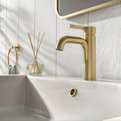 Robinet de lavabo de salle de bain 1 trou, robinet de meuble-lavabo monotrou monocommande or brossé, avec bonde escamotable en métal et conduites d'alimentation en eau