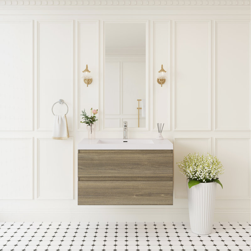 Meuble-lavabo flottant 36 po avec lavabo, meuble-lavabo mural moderne avec lavabo à surface solide et tiroirs à fermeture en douceur, gris cendré