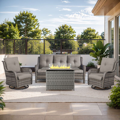 Wendye 4-Piece Outdoor Furniture Set, 2 Swivel Glider Chairs, 3-Seat Sofa & 55K BTU Fire Pit Table