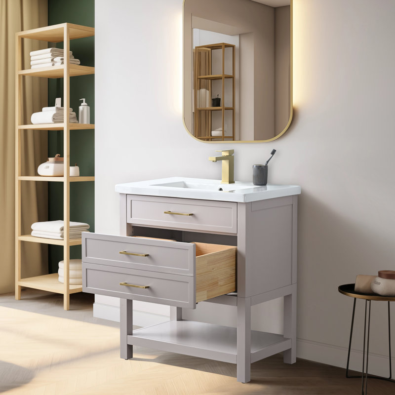 Vicini 30'' Single Vanity with Ceramic Top, Taupe / Brushed Gold
