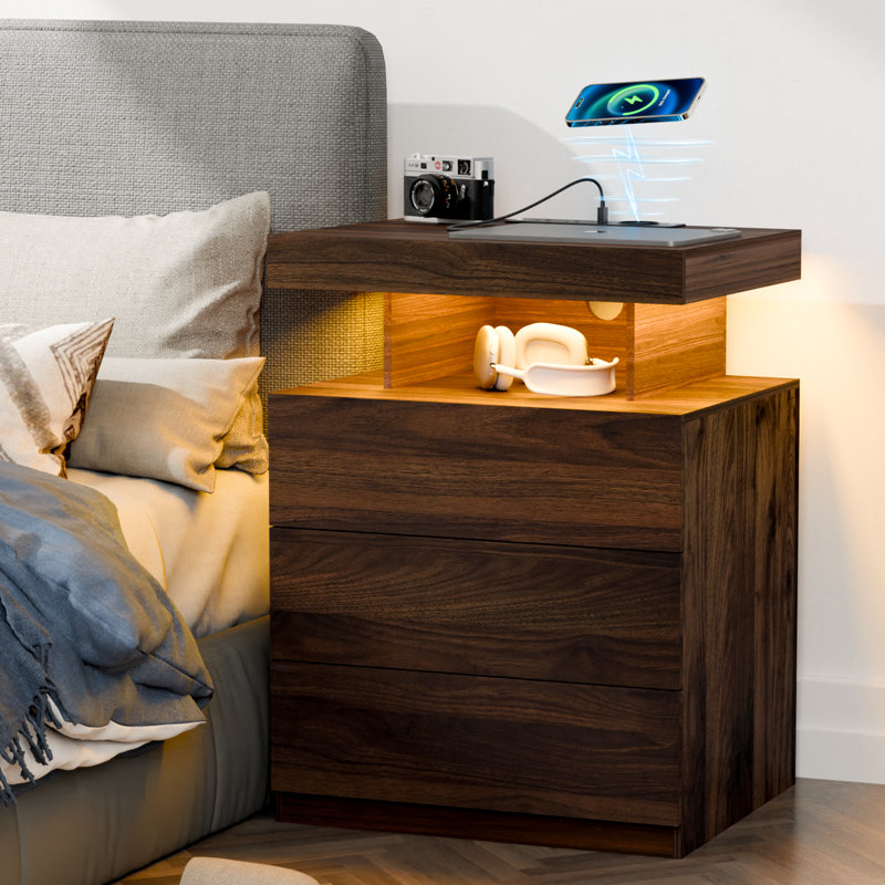 Chappa Manufactured Wood Nightstand with Wireless Charging Station, LED Lights and 3 Drawers, Walnut