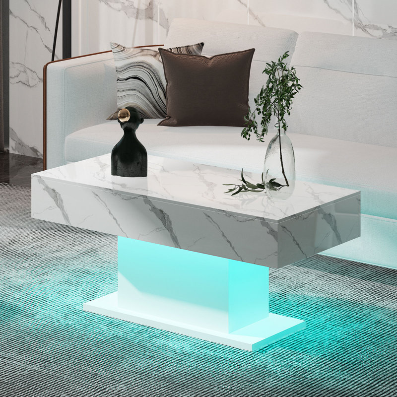 High Gloss Coffee Table with 16 Colors LED Lights, White Marble