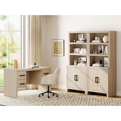 2 Piece Farmhouse Office Set With 54" Executive Desk  Storage Bookcases, Home Office Furniture Set With Power Outlet, 4 Drawers And Adjustable Shelve