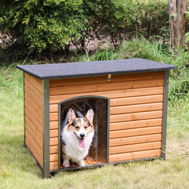 Niche pour chien d'extérieur et d'intérieur en bois pour l'hiver avec pieds surélevés pour chien de petite et moyenne et grande taille, structure en fer unique