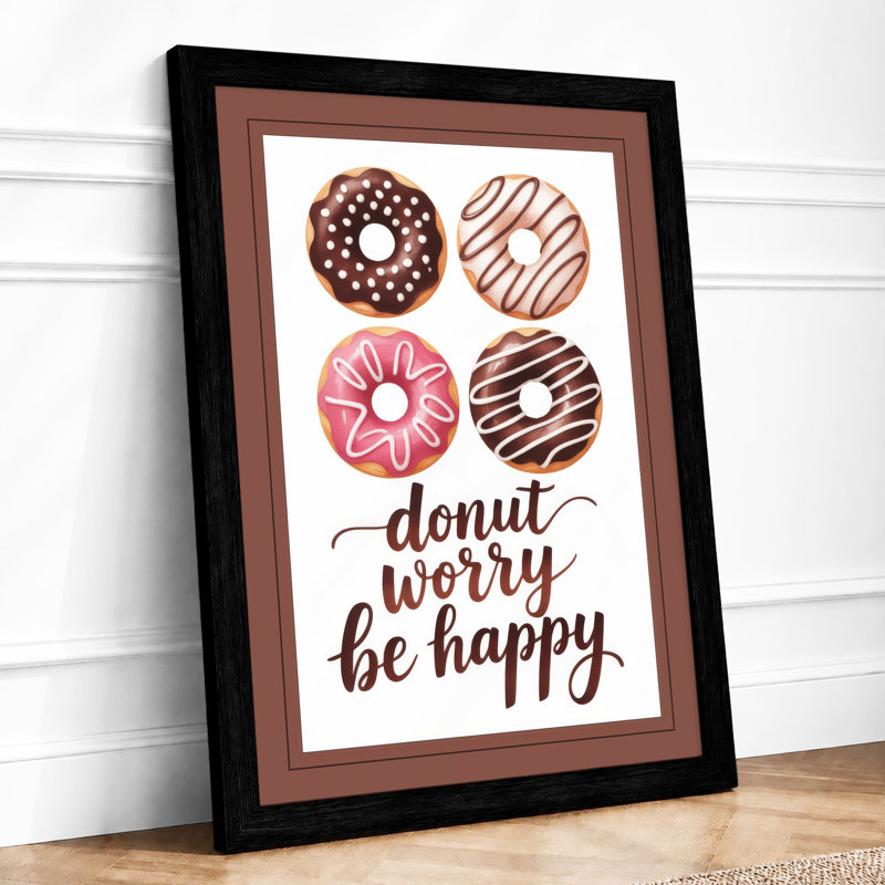 Donut Worry Be Happy Typography - Framed Print, A2 - 59.4 x 42.0 cm, Black