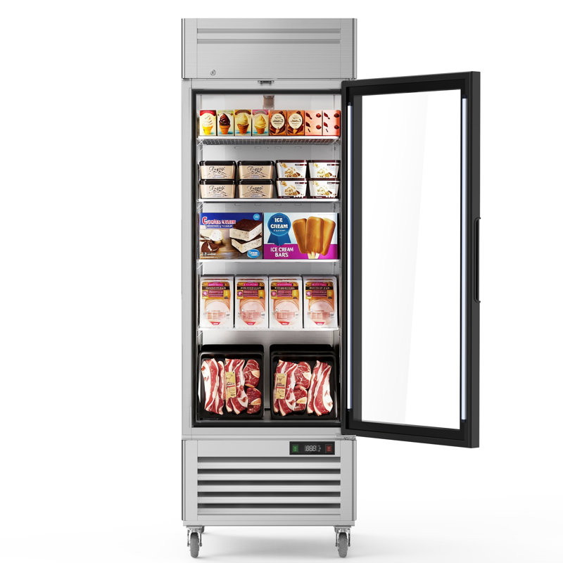 Coolake 27” W Glass Doors Commercial Display Freezer, 23 Cu.ft Stainless Steel Auto-defrost Merchandiser Freezer, Reach-in Upright Freezers With Led Lighting For Restaurant Retail Shop Store Home Office