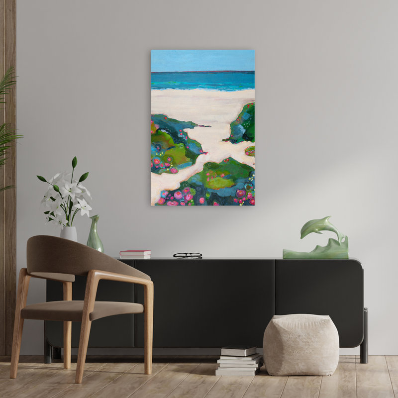«The Coast Is Clear» - paysages côtiers, plages, fleurs, art fuchsias, H 36 po x l 24 po