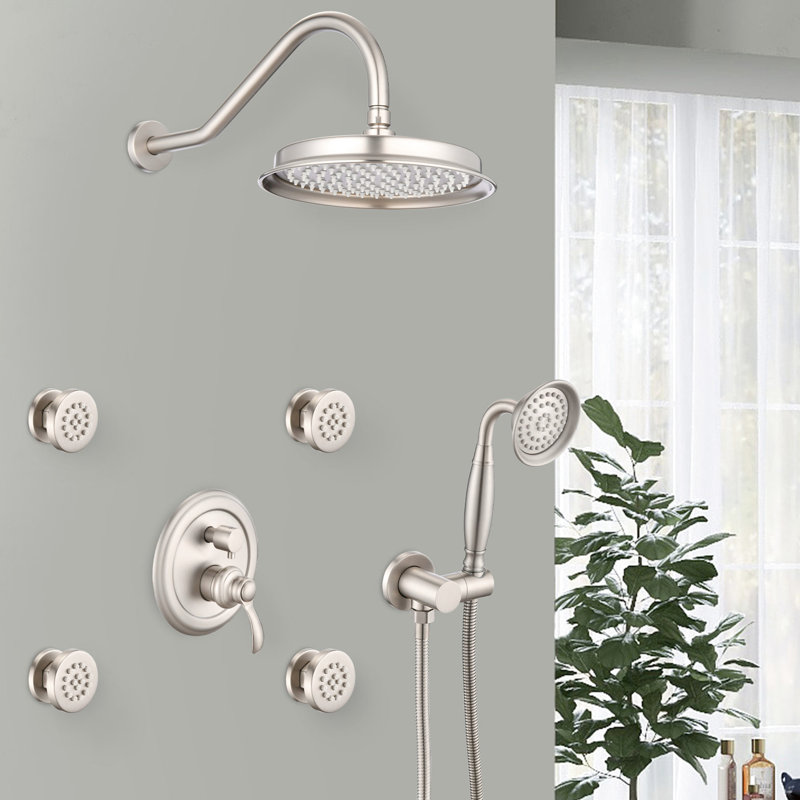 Brushed Nickel Shower System With Body Jet, Hand And Adjustable Water Head Spray In Construction Valve, Brushed Nickel