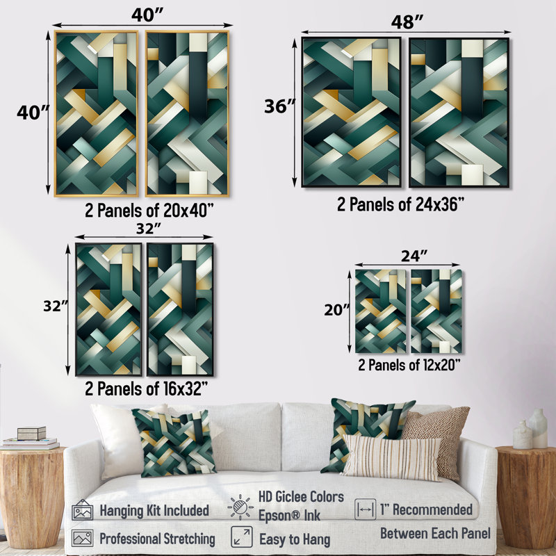 Motif géométrique vert et doré - 2 reproductions d'art moderne sur toile, 20" H x 24" W, Impression encadrée flottante, Gold