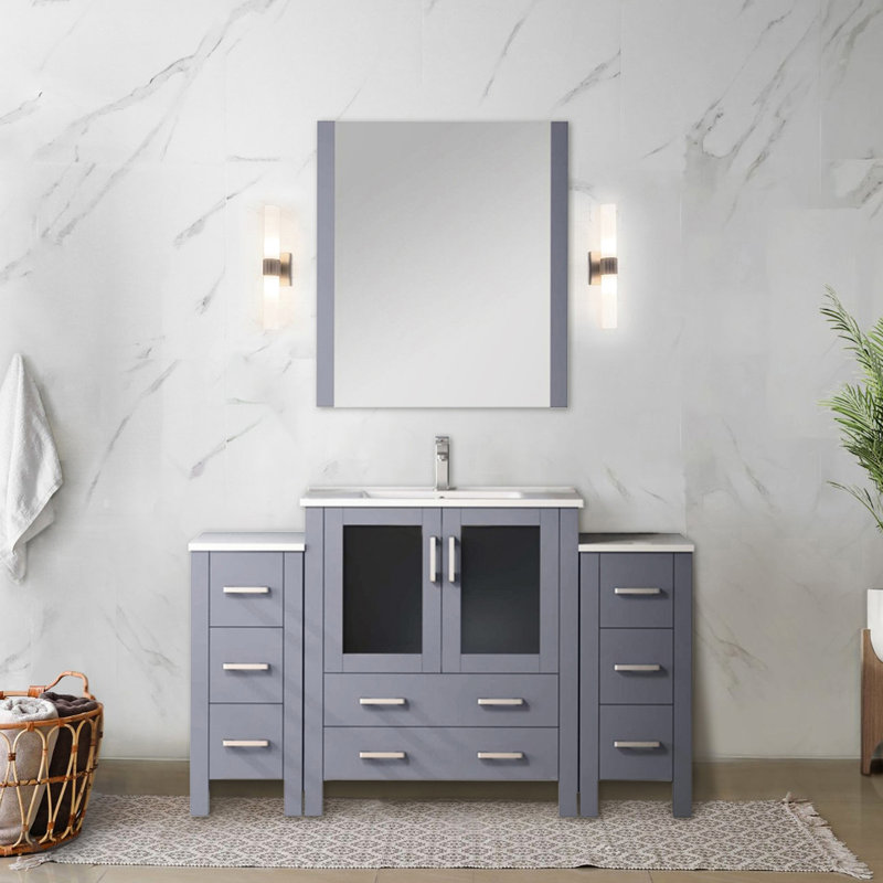 Gris foncé 54 po Meuble-lavabo large pour la salle de bain, armoires latérales, surface en céramique, miroir 28 po, glissement en douceur, grande capacité de rangement avec salle de bain avec tiroirs à fermeture, finition longue durée
