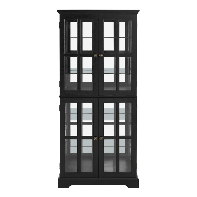 Black Glass Showcase With Adjustable Shelves, Elegant Metal Handles, And Lighting For Bedroom, Black